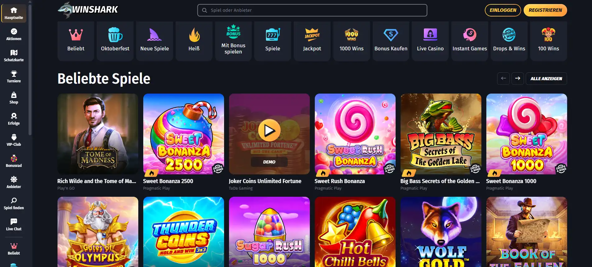 Screenshot der öffentlichen Winshark-Casino-Startseite mit Website-Navigation