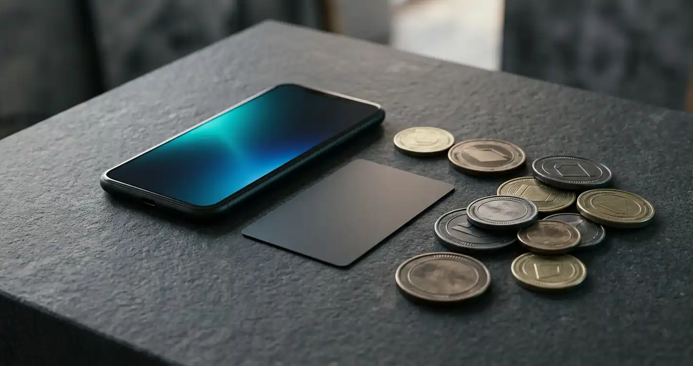 Abstrakte Münzformen und ein Smartphone neben einer schlichten Bankkarte auf dunklem Tisch