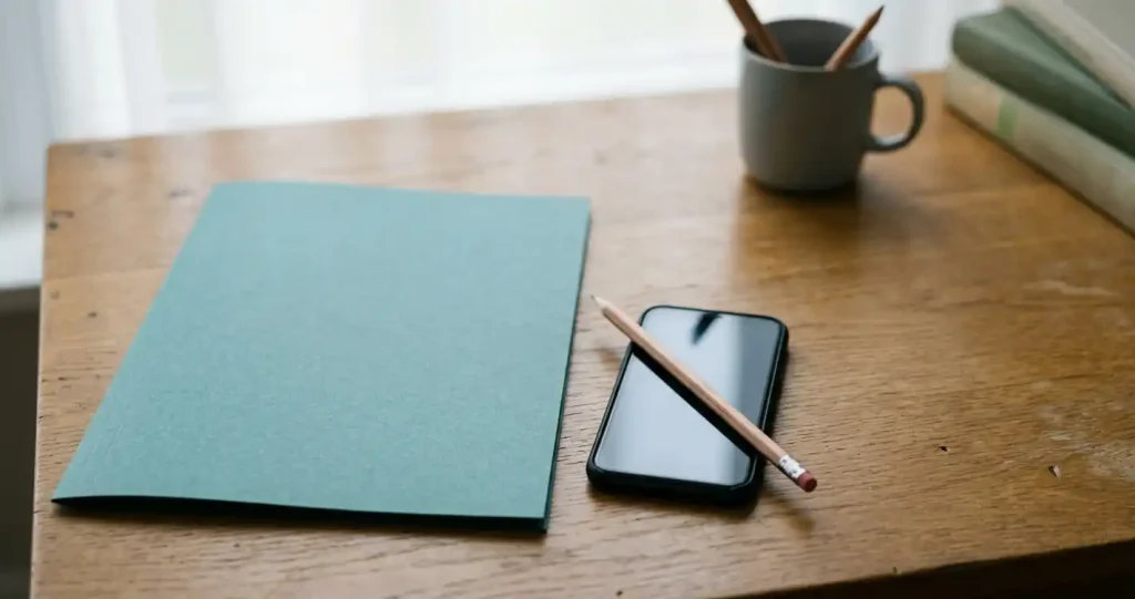 Ein geschlossenes Dokumentenmäppchen neben einem Smartphone und einem Stift auf einem Tisch.