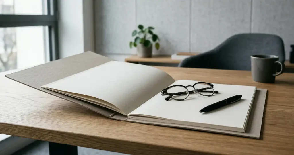 Geöffnete Dokumentenmappe neben Brille und Stift auf einem ruhigen Schreibtisch
