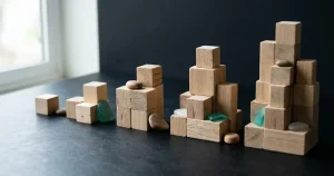 Fünf neutrale Stapel verschieden hoher Holzformen stehen geordnet auf einem dunklen Tisch.