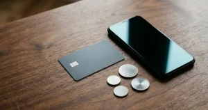 Eine Bankkarte und abstrakte Münzformen liegen neben einem Smartphone auf einem Holztisch